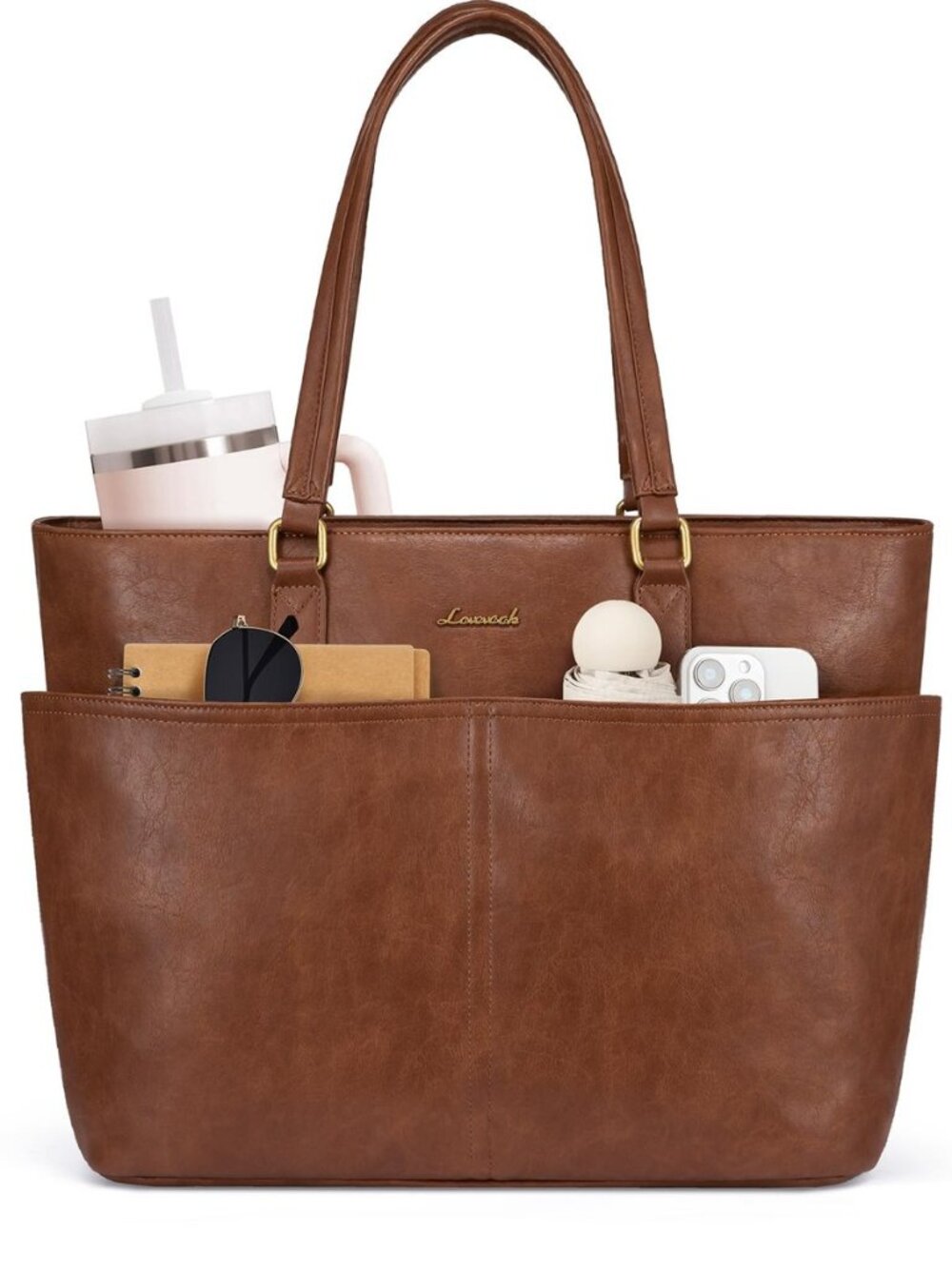 Work Tote Bags for Women, Vintage Leather 15.6 Inch Laptop Bag with Large Cup